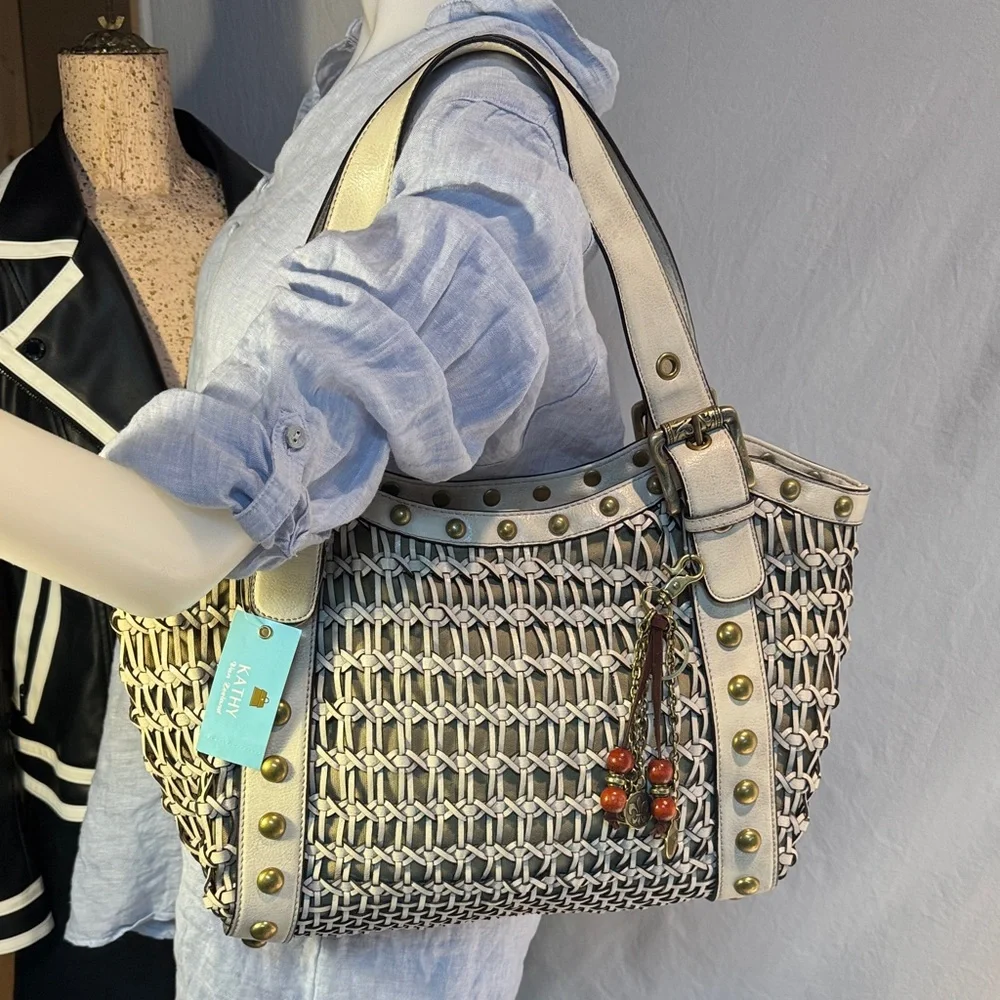 Kathy Van Zeeland Cream and Black Geometric Shoulder Bag